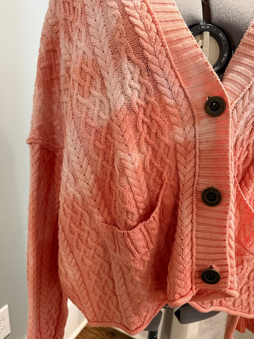 Free People Cozy Cable Knit V-Neck Cardigan Sweater - Coral Pink - Picture 3 of 4